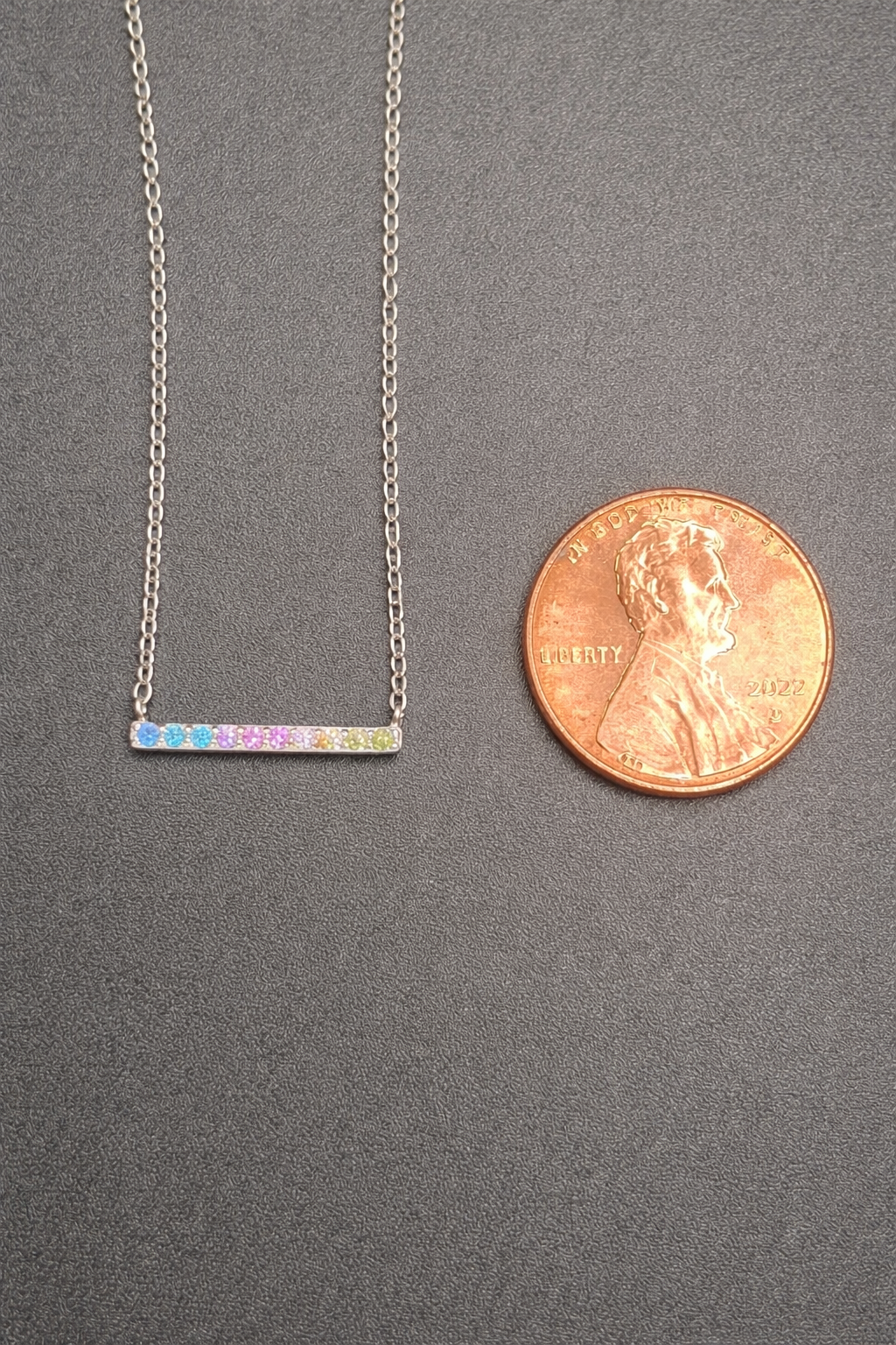 .925 Sterling Silver Rhodium Plated Rainbow Multi Color CZ Bar Necklace