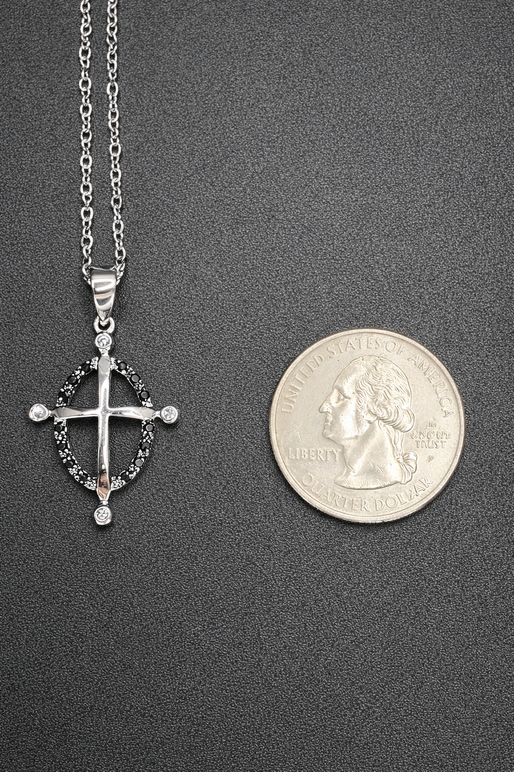 Sterling Silver .925 Rhodium Plated Open Black Circle Cross CZ Necklace