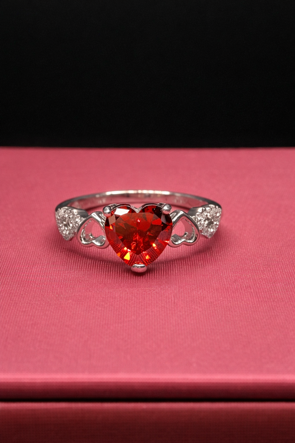 .925 Sterling Silver Rhodium Plated Heart Red and Clear CZ W- Heart Shank Ring
