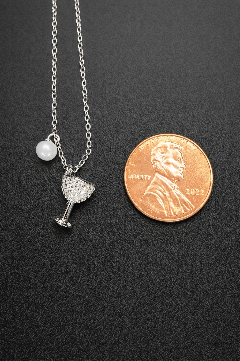 .925 Sterling Silver Rhodium Plated Wine Glass Pendant Necklace with CZ and Synthetic Pearl