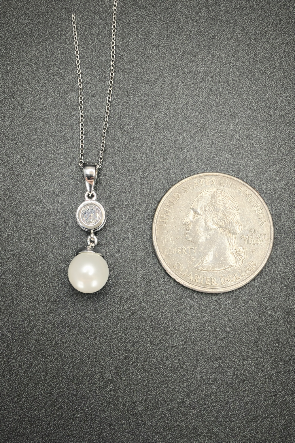 .925 Sterling Silver Rhodium Plated CZ & Synthetic Pearl Drop Necklace