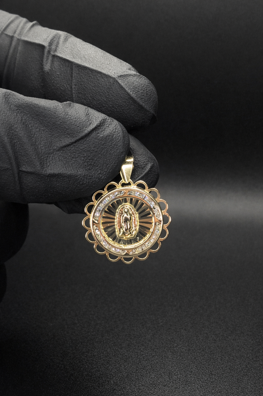 14 Karat Yellow Gold Filigri Diamond Cut 21 Stone CZ Guadalupe Pendant