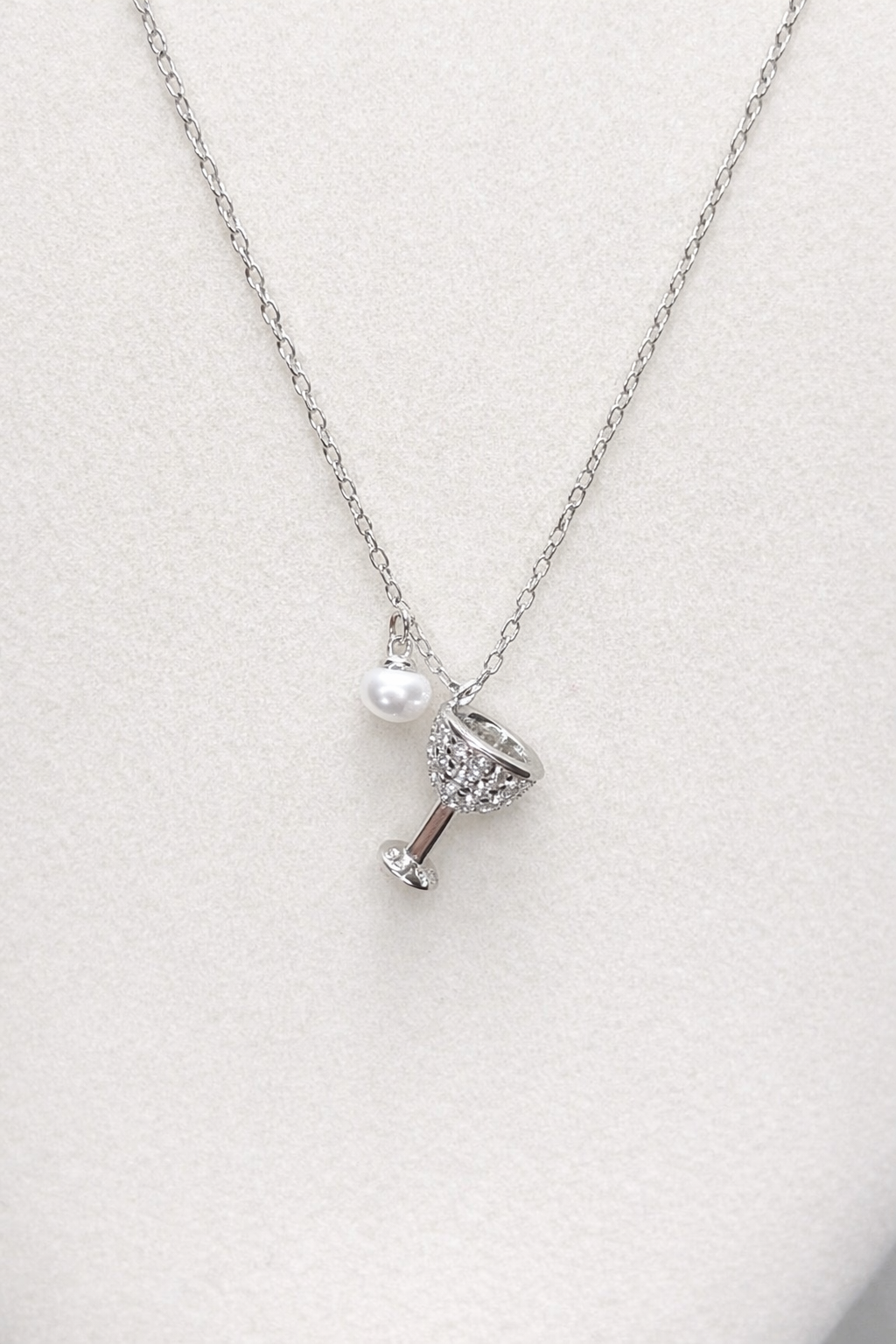 .925 Sterling Silver Rhodium Plated Wine Glass Pendant Necklace with CZ and Synthetic Pearl