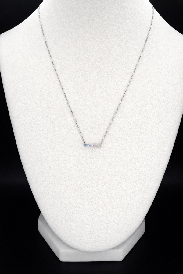 .925 Sterling Silver Rhodium Plated Rainbow Multi Color CZ Bar Necklace
