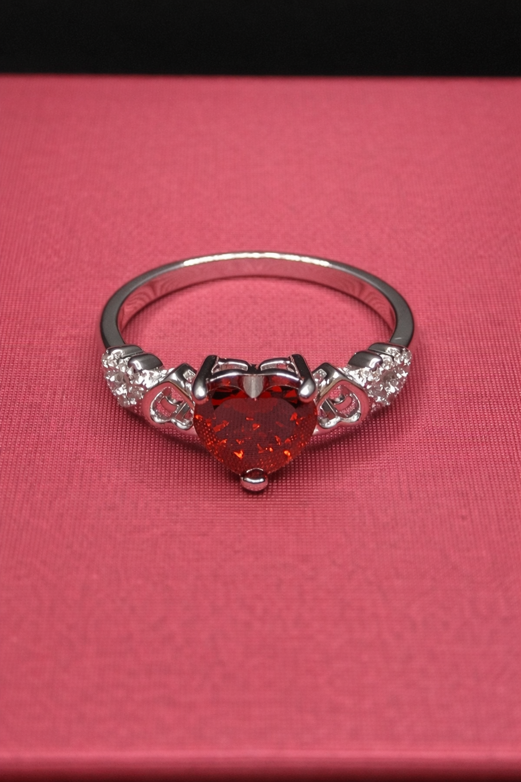 .925 Sterling Silver Rhodium Plated Heart Red and Clear CZ W- Heart Shank Ring