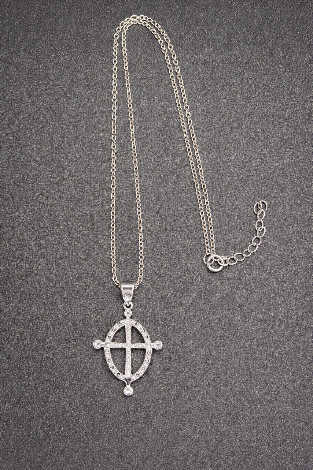 Sterling Silver .925 Rhodium Plated Open Black Circle Cross CZ Necklace