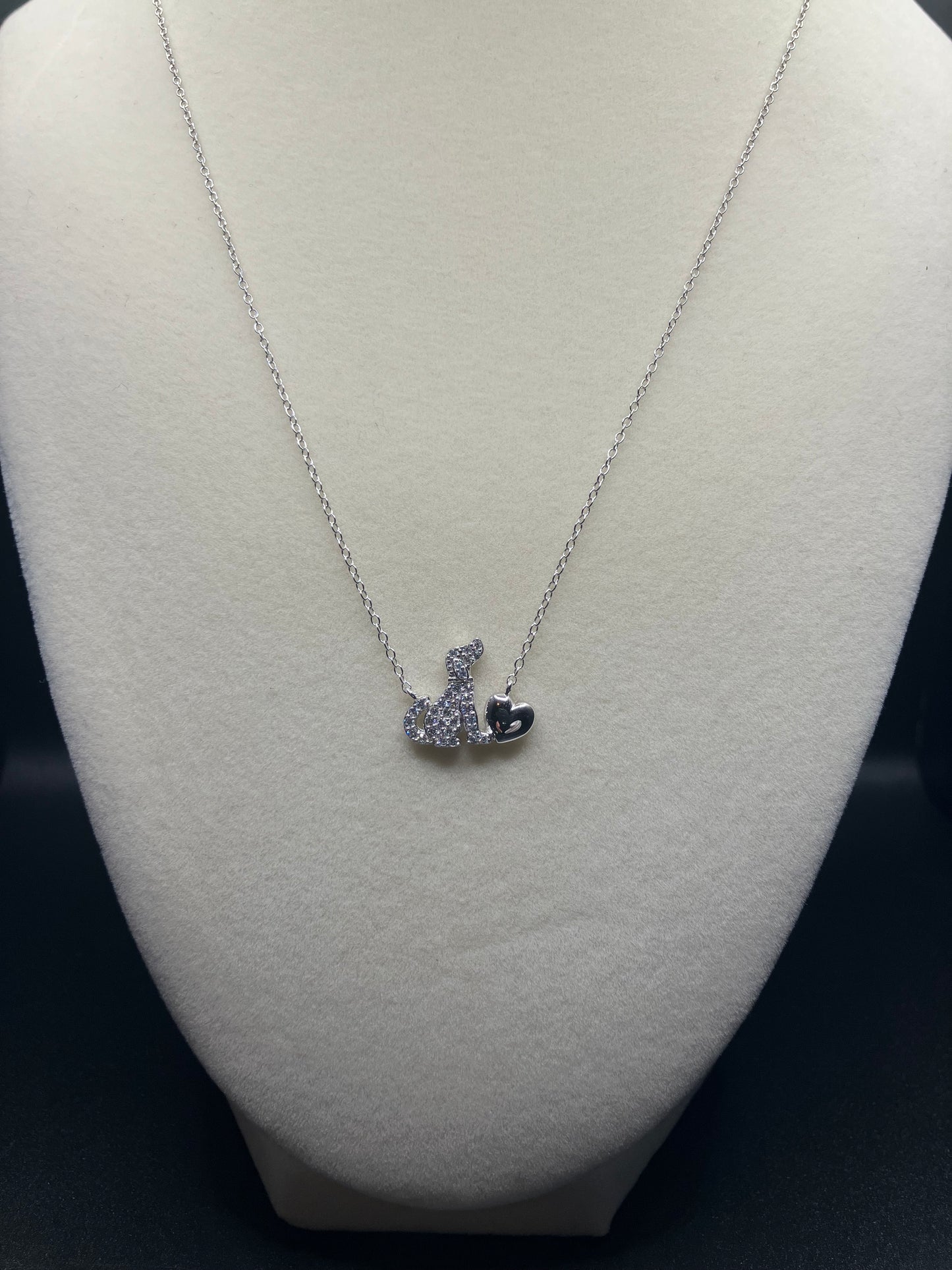 .925 Sterling Silver Dog Heart Necklace Clear CZ Stone Rhodium Plated