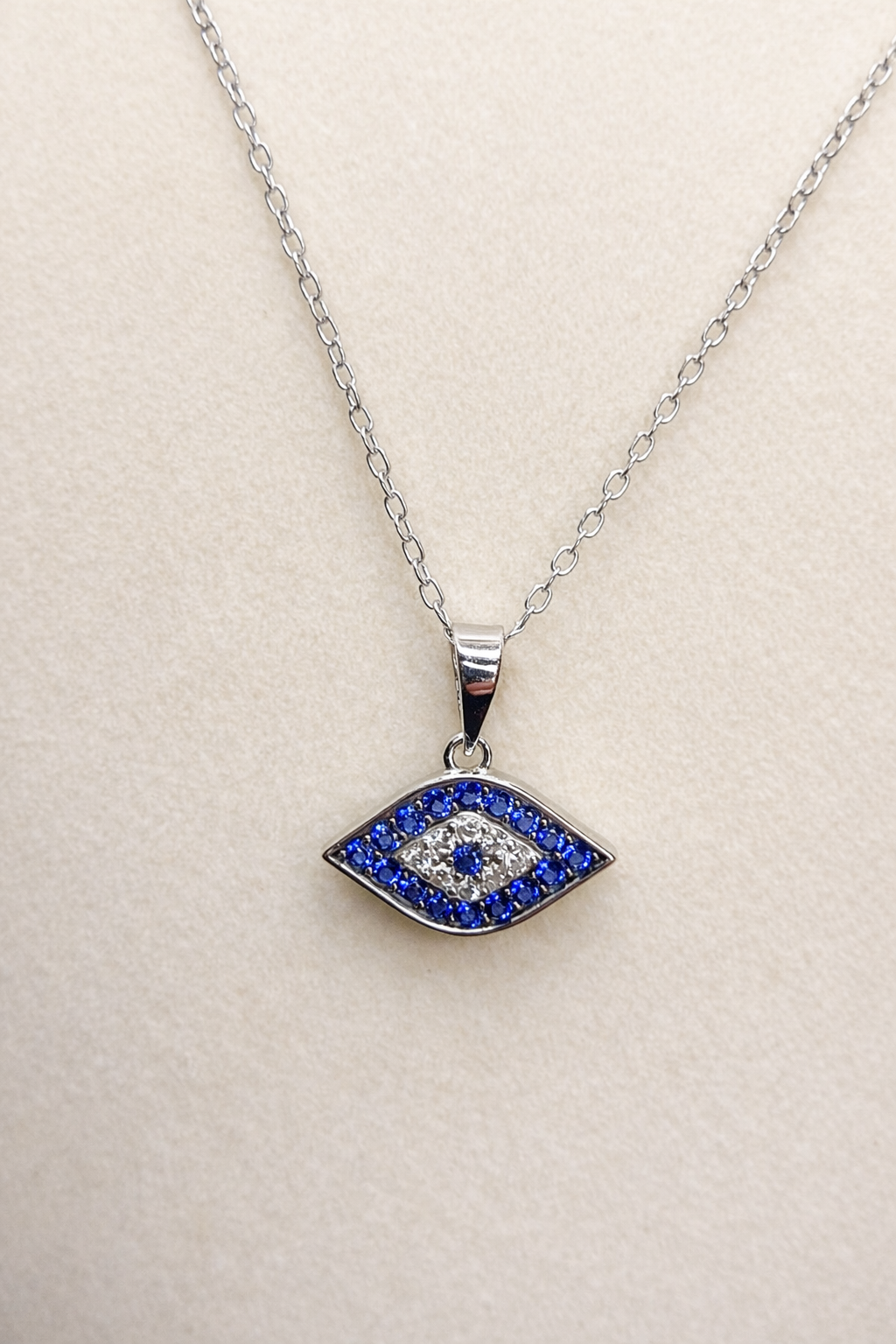 .925 Sterling Silver Evil Eye Necklace CZ Stones Multicolor Rhodium Plated