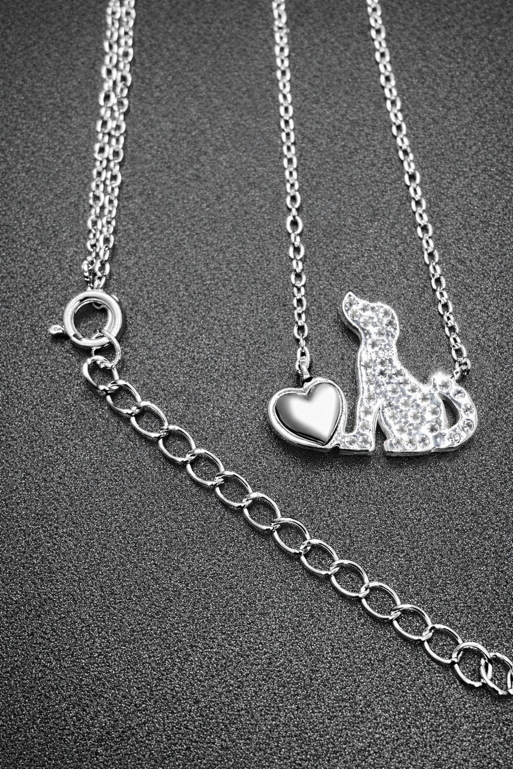.925 Sterling Silver Dog Heart Necklace Clear CZ Stone Rhodium Plated