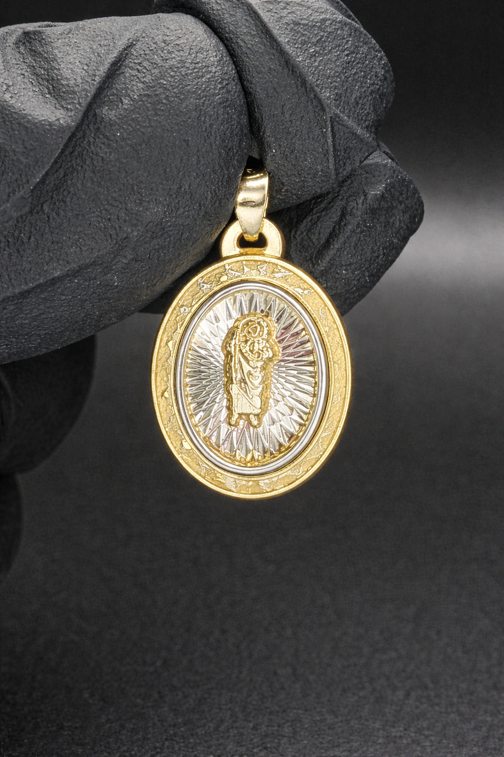 14 Karat Gold 3 Tone Diamond Cut CZ 21 Stone St. Jude Medallion Pendant