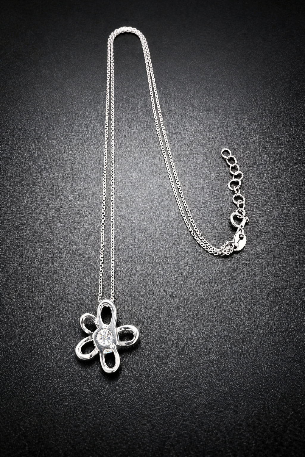 .925 Sterling Silver Rhodium Plated Open Flower Center CZ Necklace