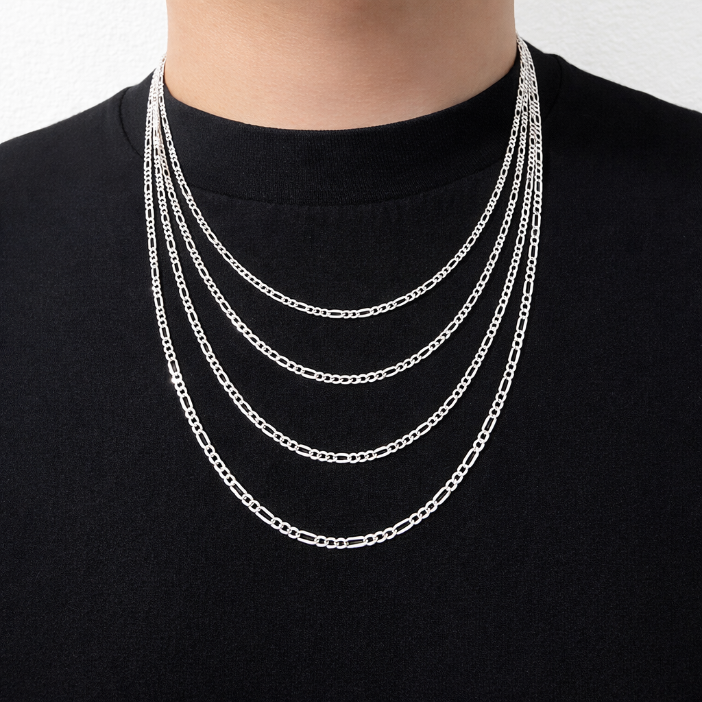 2.9MM .925 Sterling Silver Diamond Cut High Polished Figaro Chains Made In Italy