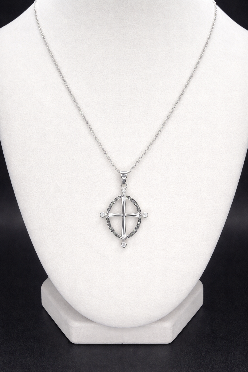 Sterling Silver .925 Rhodium Plated Open Black Circle Cross CZ Necklace