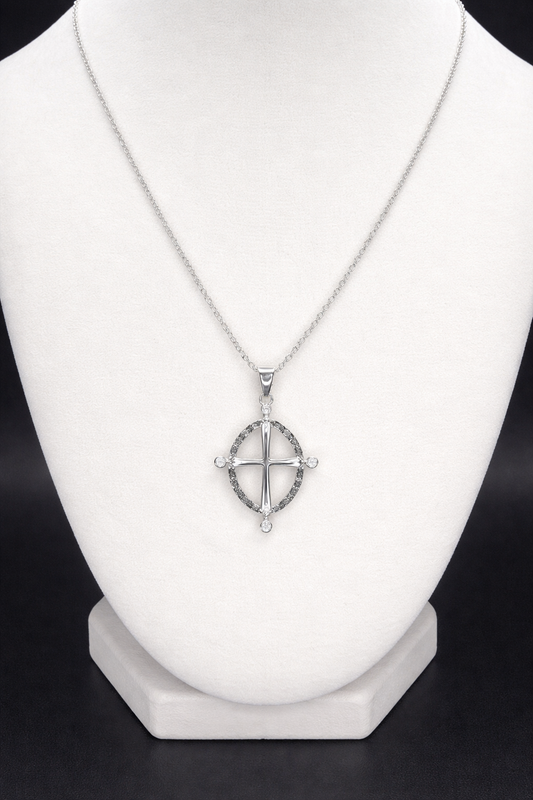 Sterling Silver .925 Rhodium Plated Open Black Circle Cross CZ Necklace
