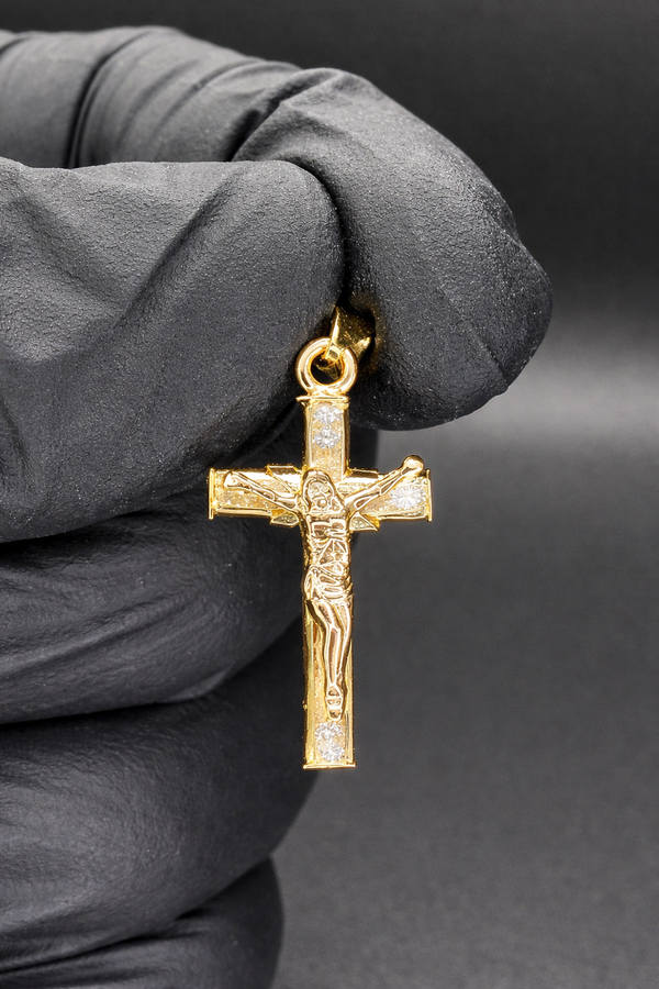 14 Karat Yellow Gold Crucifix Clear 12 Stone CZ Pendant