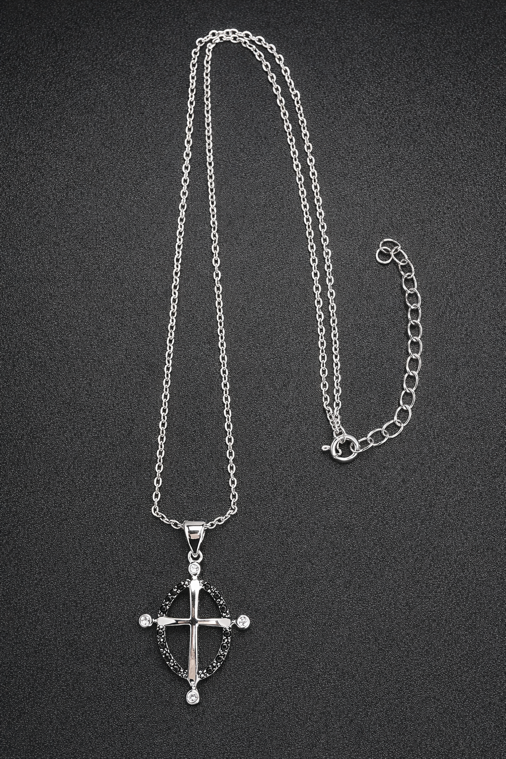 Sterling Silver .925 Rhodium Plated Open Black Circle Cross CZ Necklace