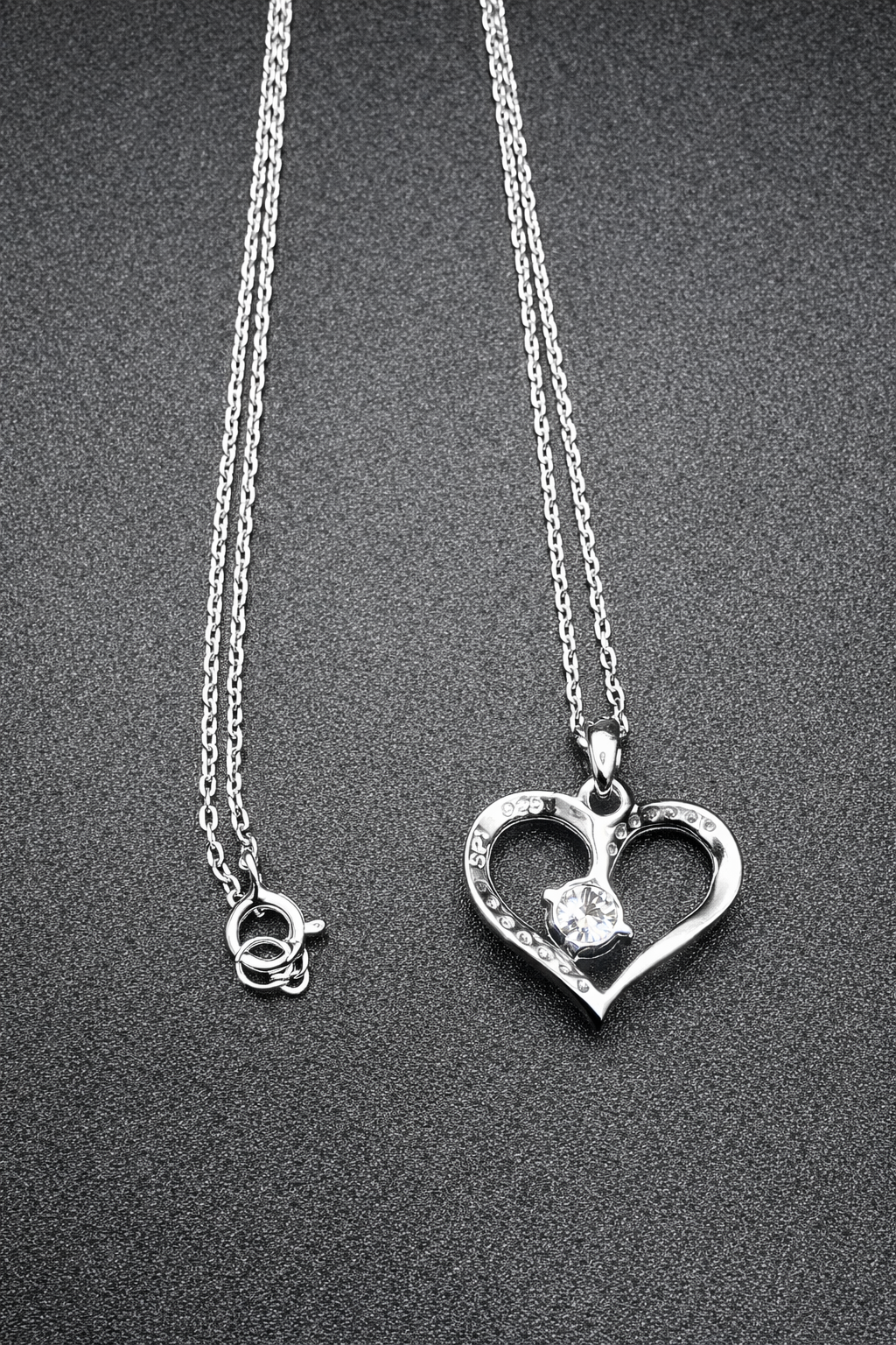 .925 Sterling Silver Open Heart Clear CZ Stone Necklace Rhodium Plated