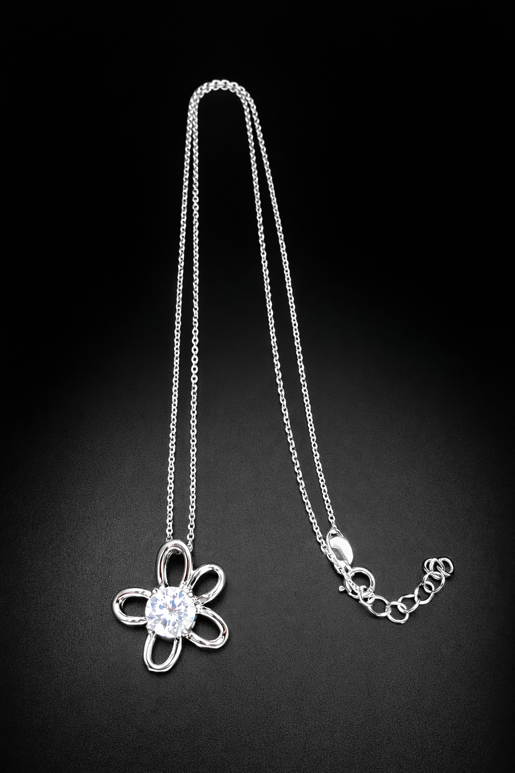 .925 Sterling Silver Rhodium Plated Open Flower Center CZ Necklace
