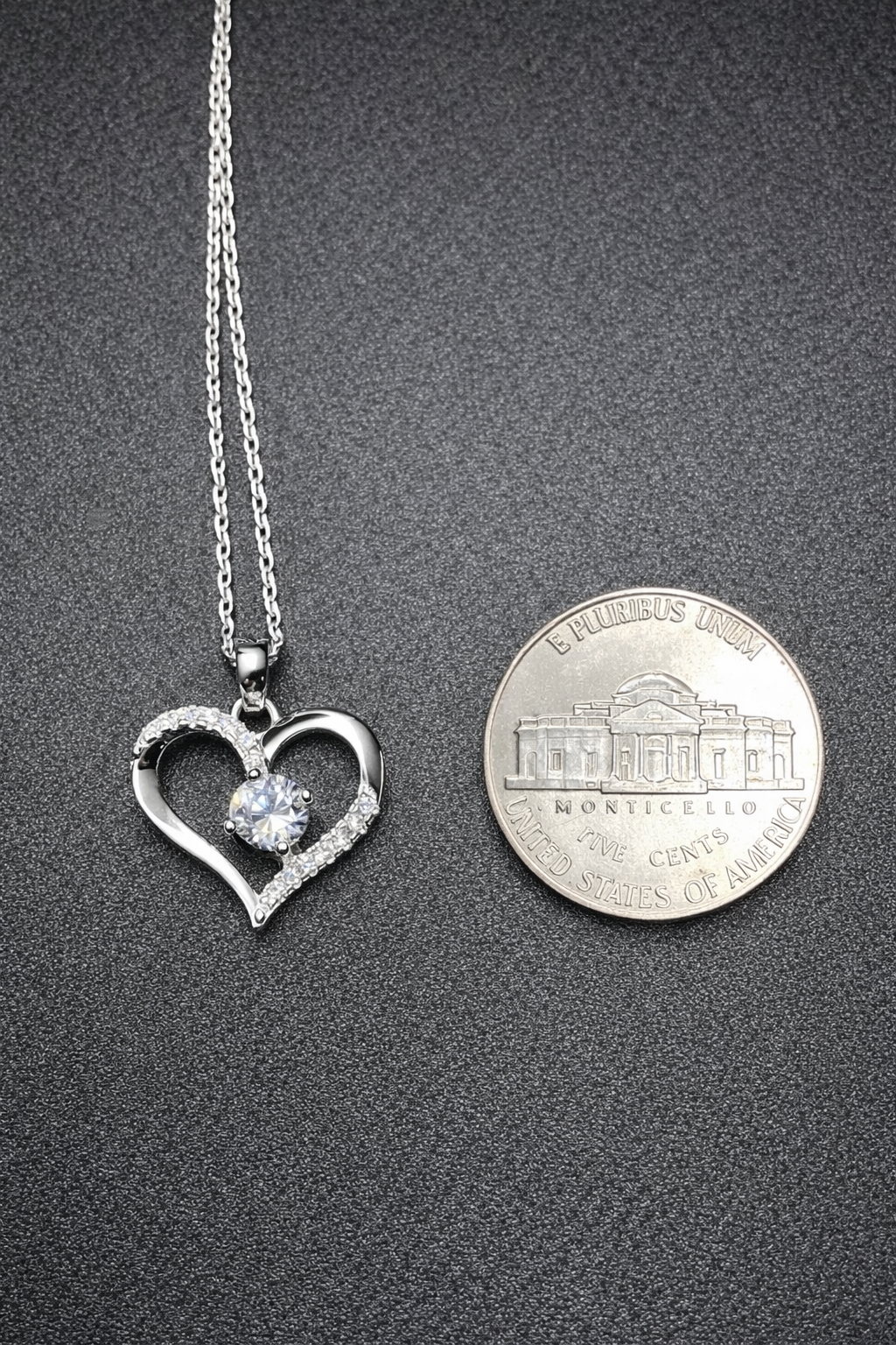 .925 Sterling Silver Open Heart Clear CZ Stone Necklace Rhodium Plated