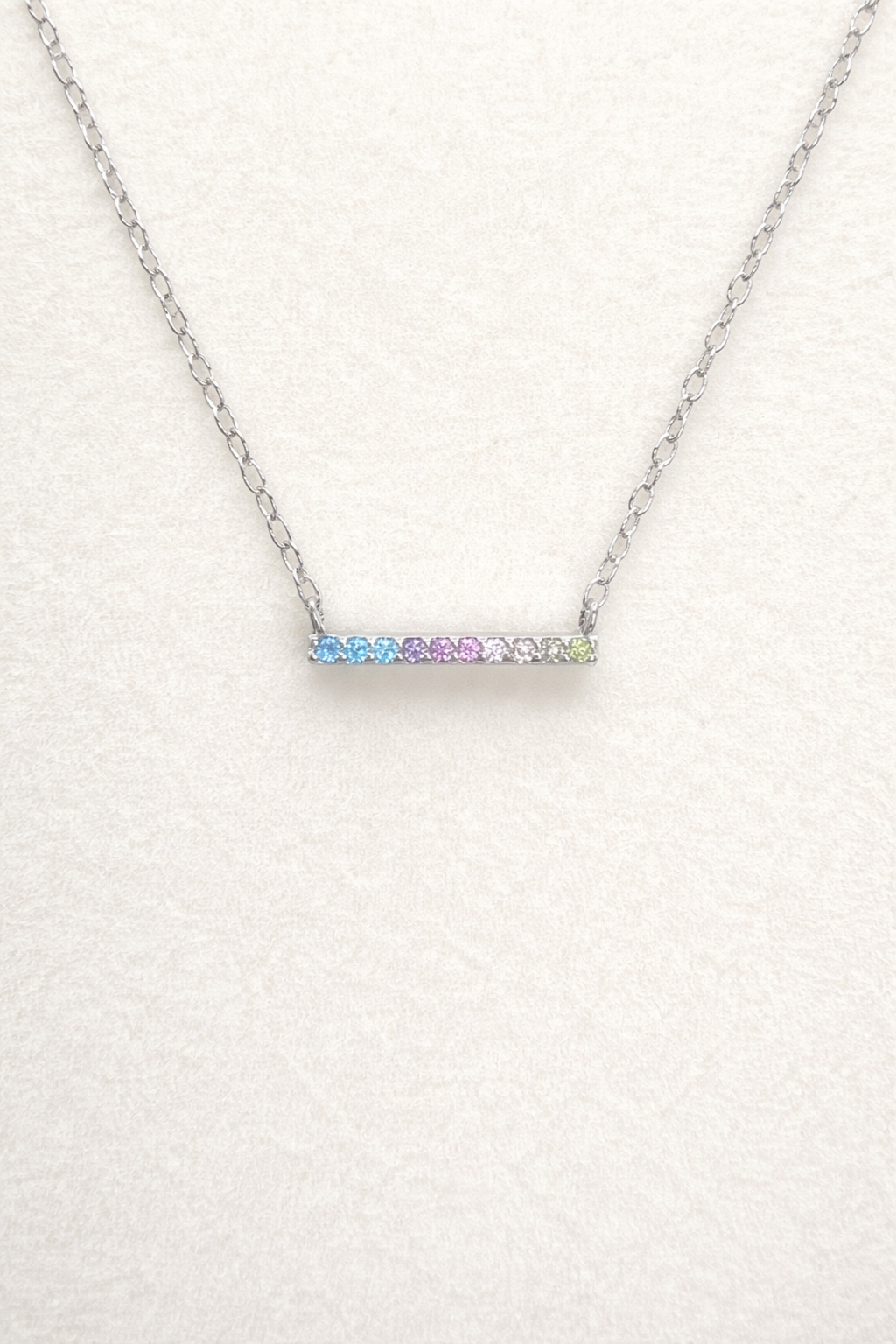 .925 Sterling Silver Rhodium Plated Rainbow Multi Color CZ Bar Necklace