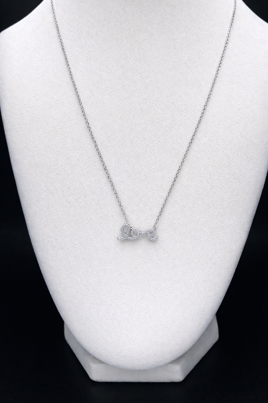 .925 Sterling Silver Rhodium Plated Clear CZ Love Pendant Necklace