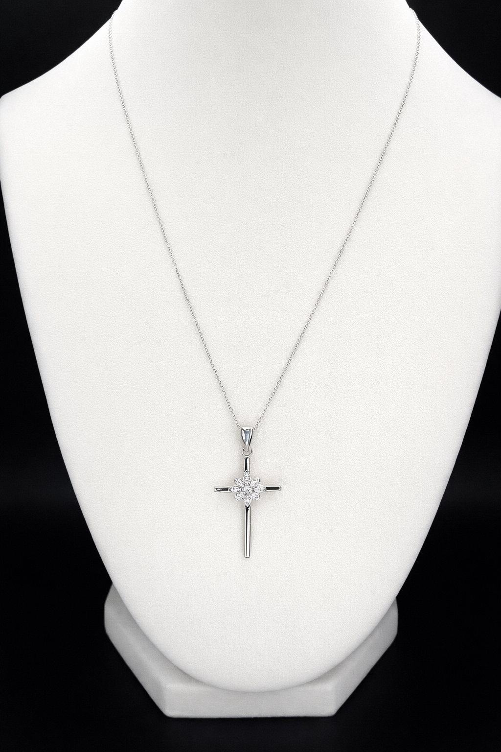 .925 Sterling Silver Cross Pendant Necklace with CZ