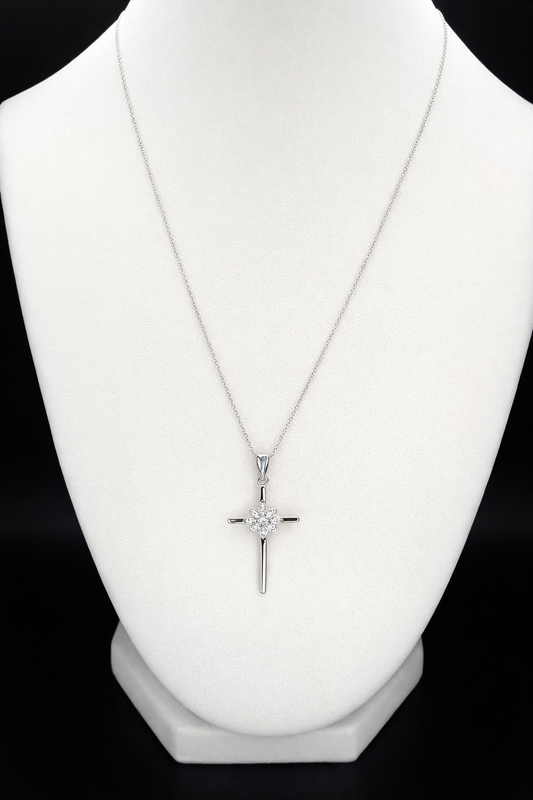 .925 Sterling Silver Cross Pendant Necklace with CZ