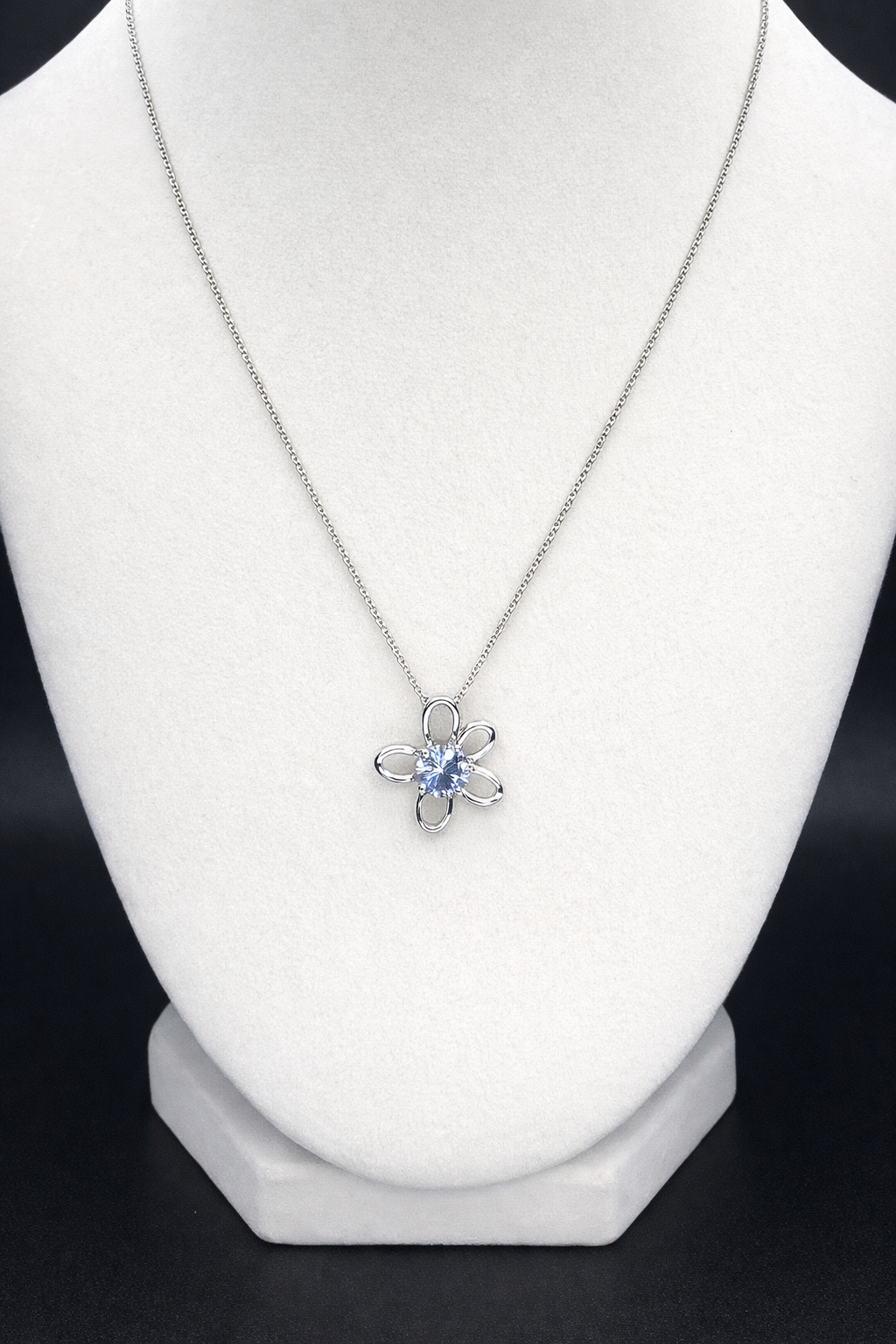 .925 Sterling Silver Rhodium Plated Open Flower Center CZ Necklace