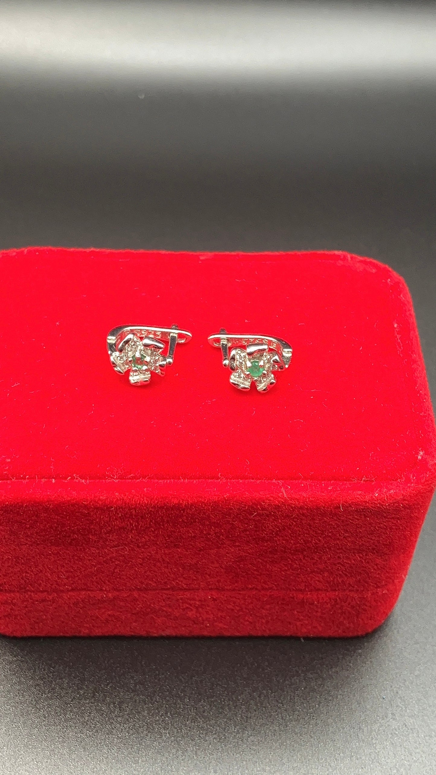 .925 Sterling Silver Flower Earrings CZ Accents Natural Colombian Emerald Center