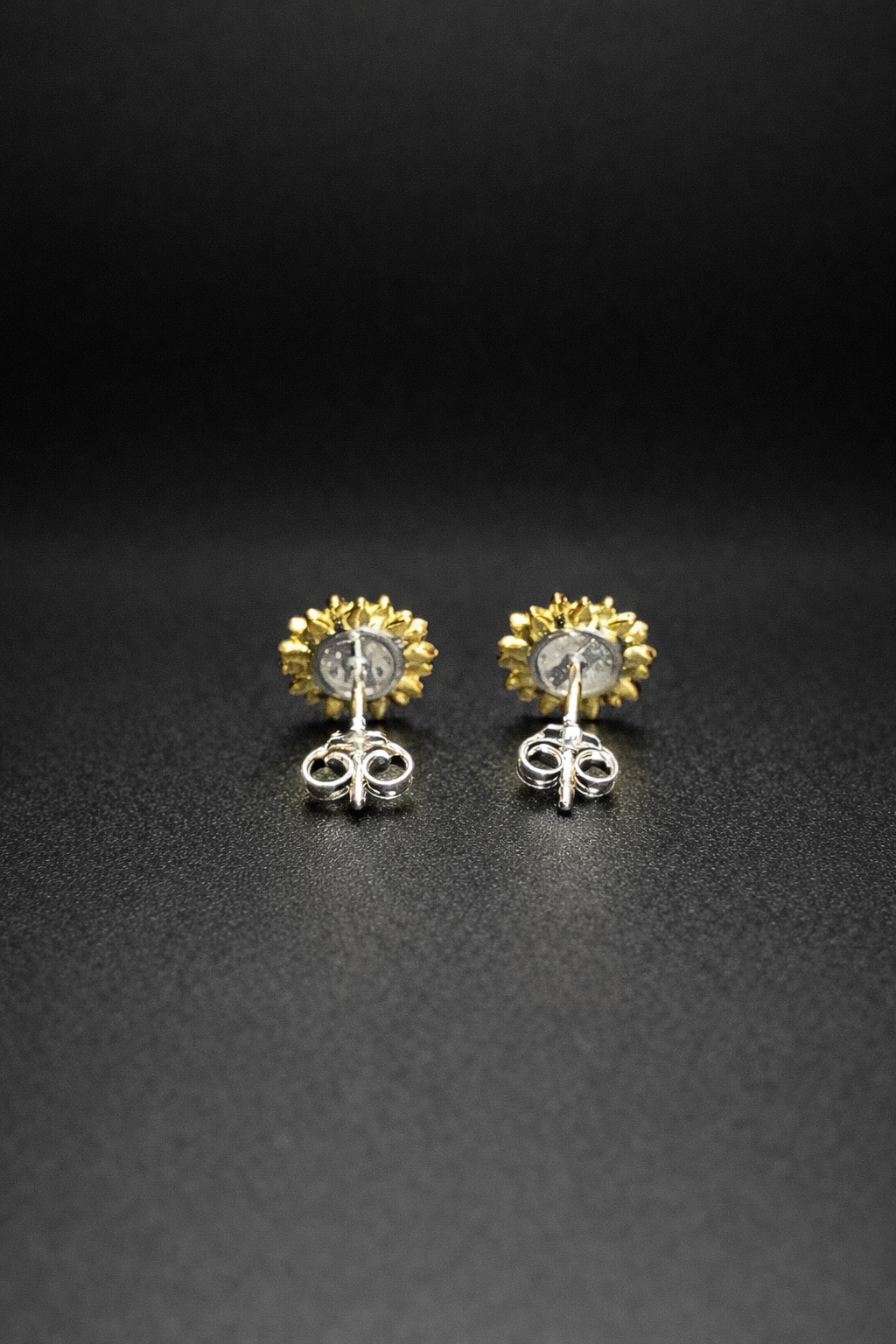 .925 Sterling Silver Rhodium Plated 2 Toned Sunflower CZ Stud Earrings