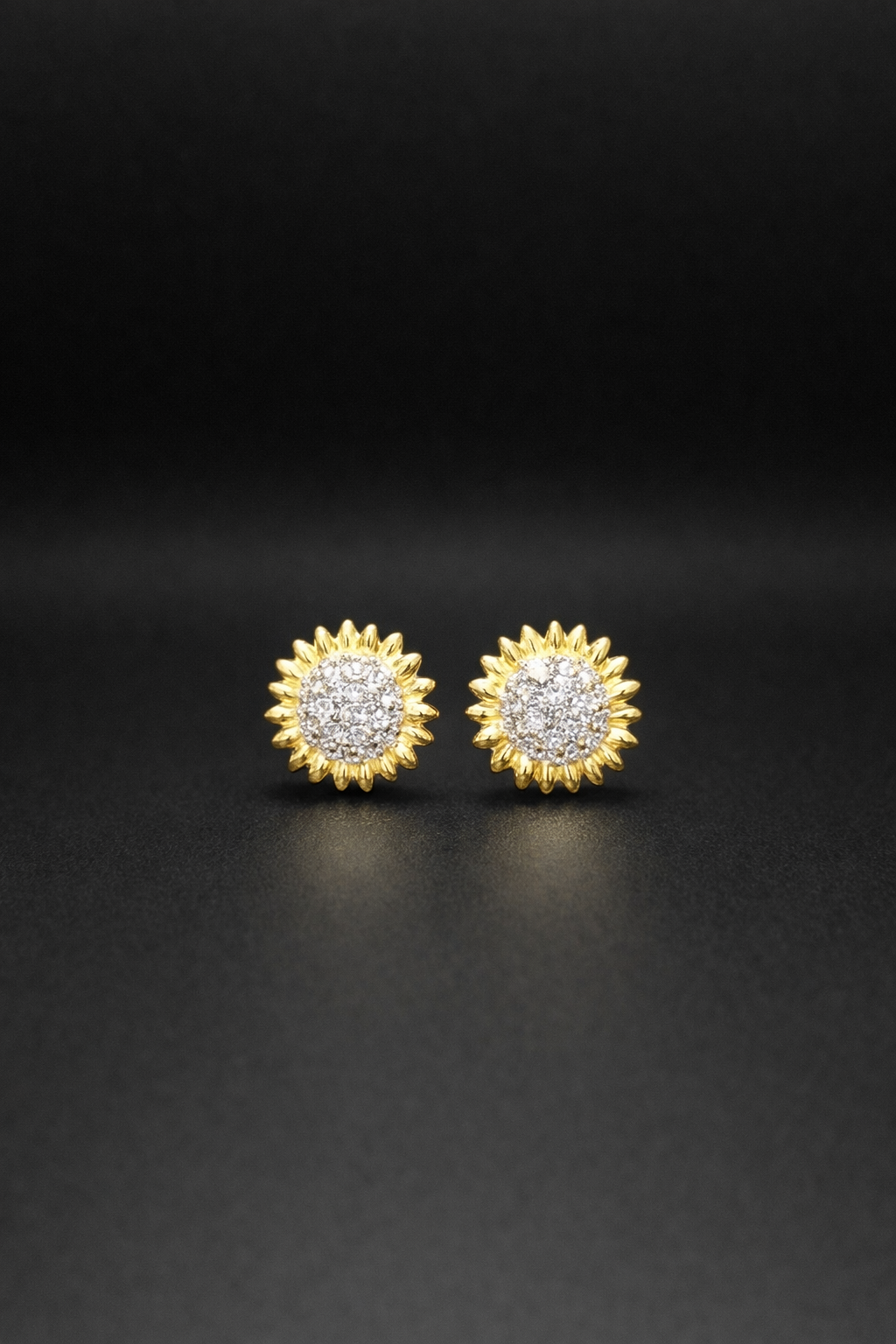 .925 Sterling Silver Rhodium Plated 2 Toned Sunflower CZ Stud Earrings