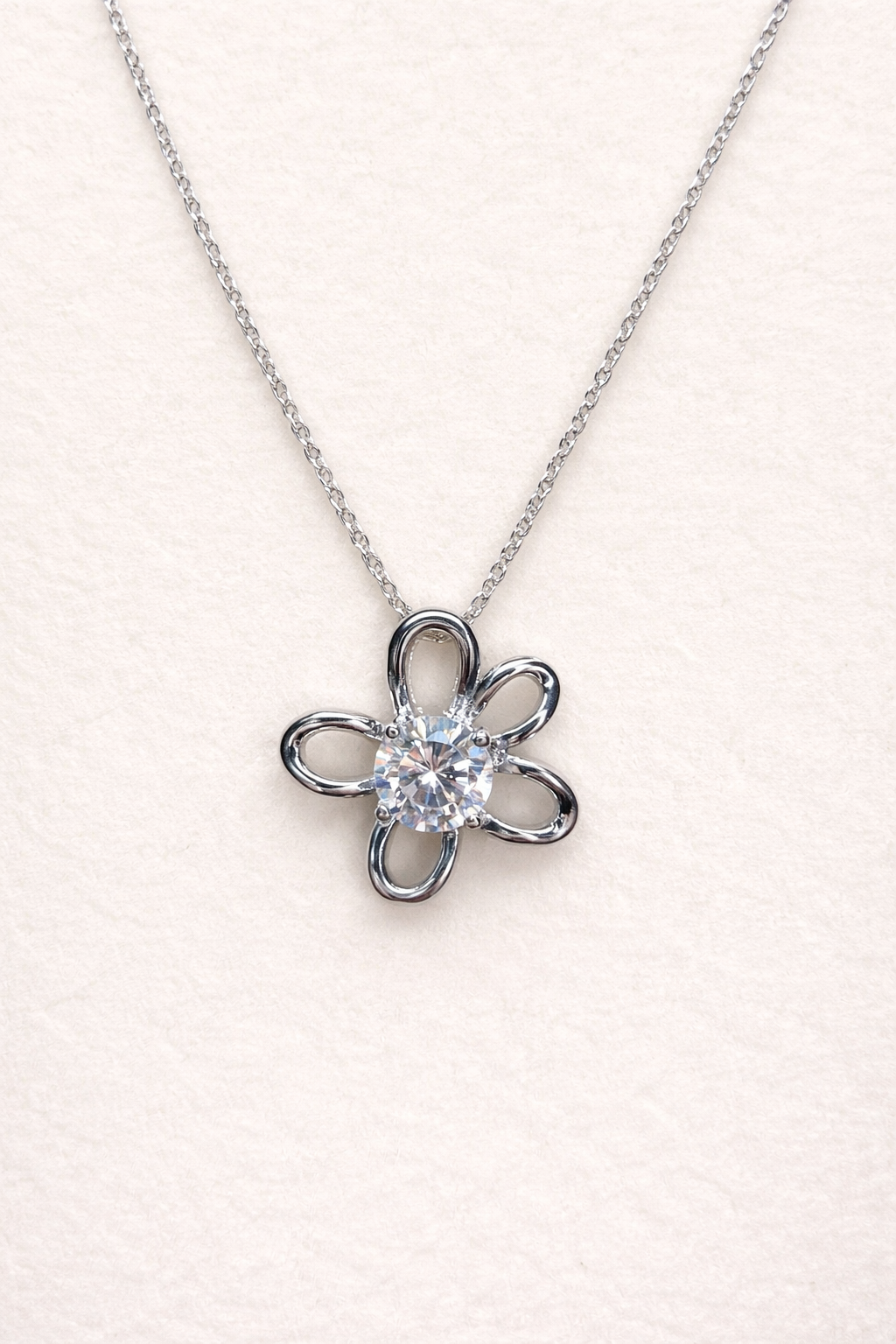 .925 Sterling Silver Rhodium Plated Open Flower Center CZ Necklace