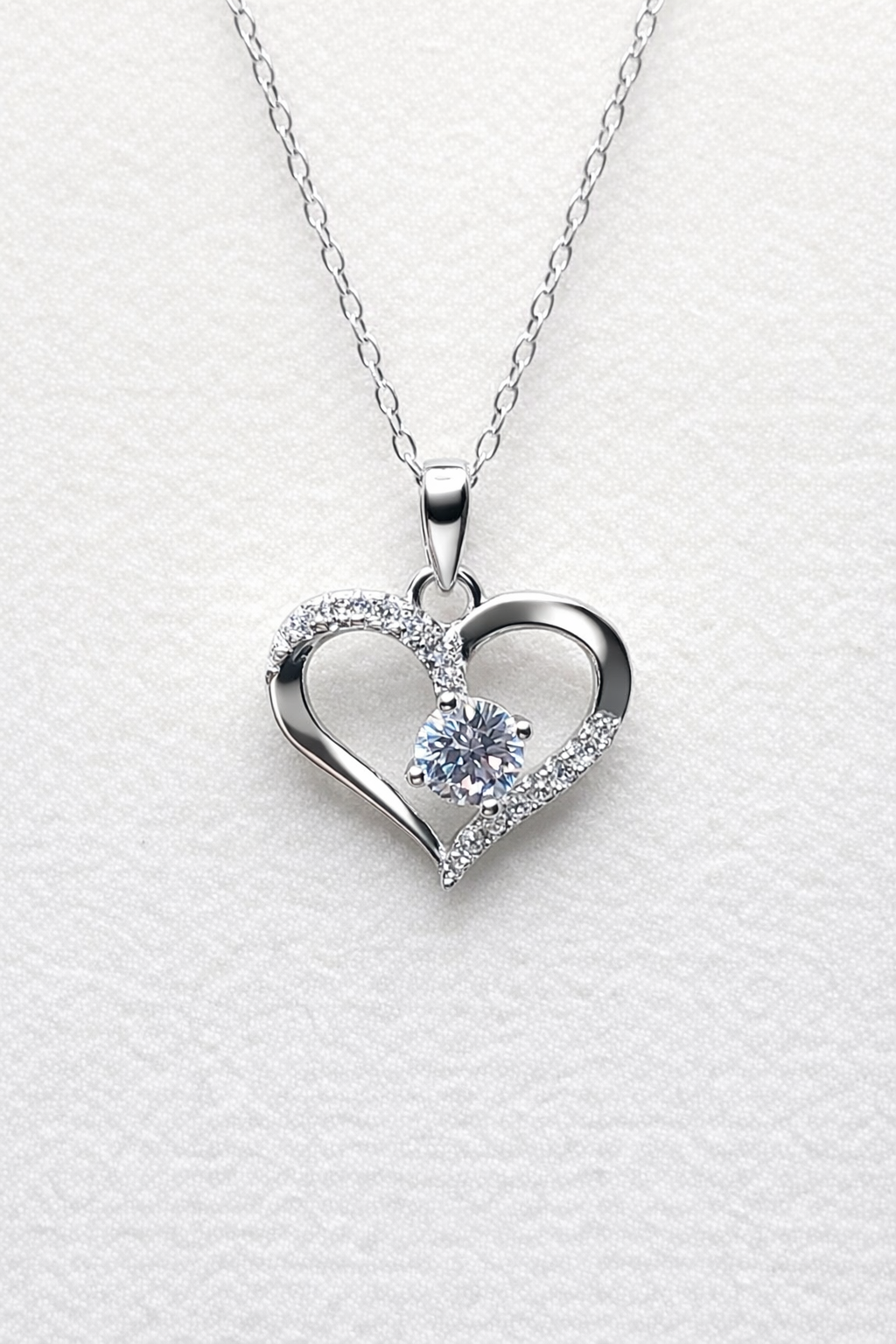 .925 Sterling Silver Open Heart Clear CZ Stone Necklace Rhodium Plated