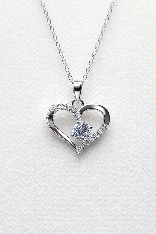 .925 Sterling Silver Open Heart Clear CZ Stone Necklace Rhodium Plated