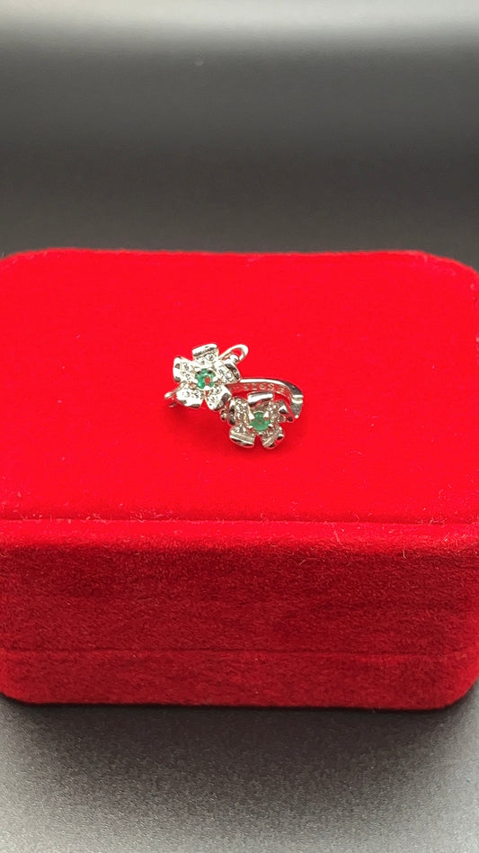 .925 Sterling Silver Flower Earrings CZ Accents Natural Colombian Emerald Center