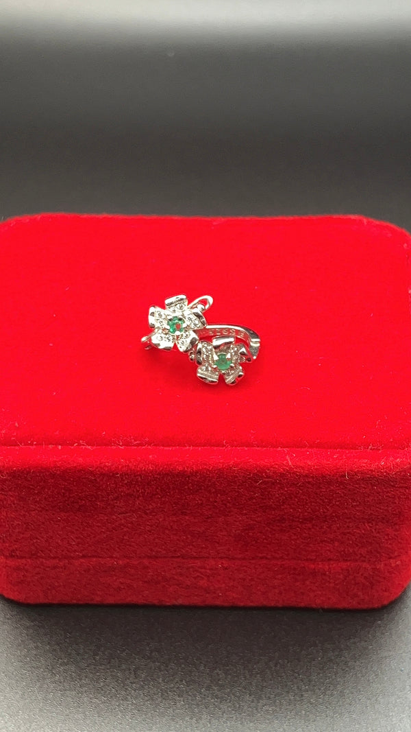 .925 Sterling Silver Flower Earrings CZ Accents Natural Colombian Emerald Center
