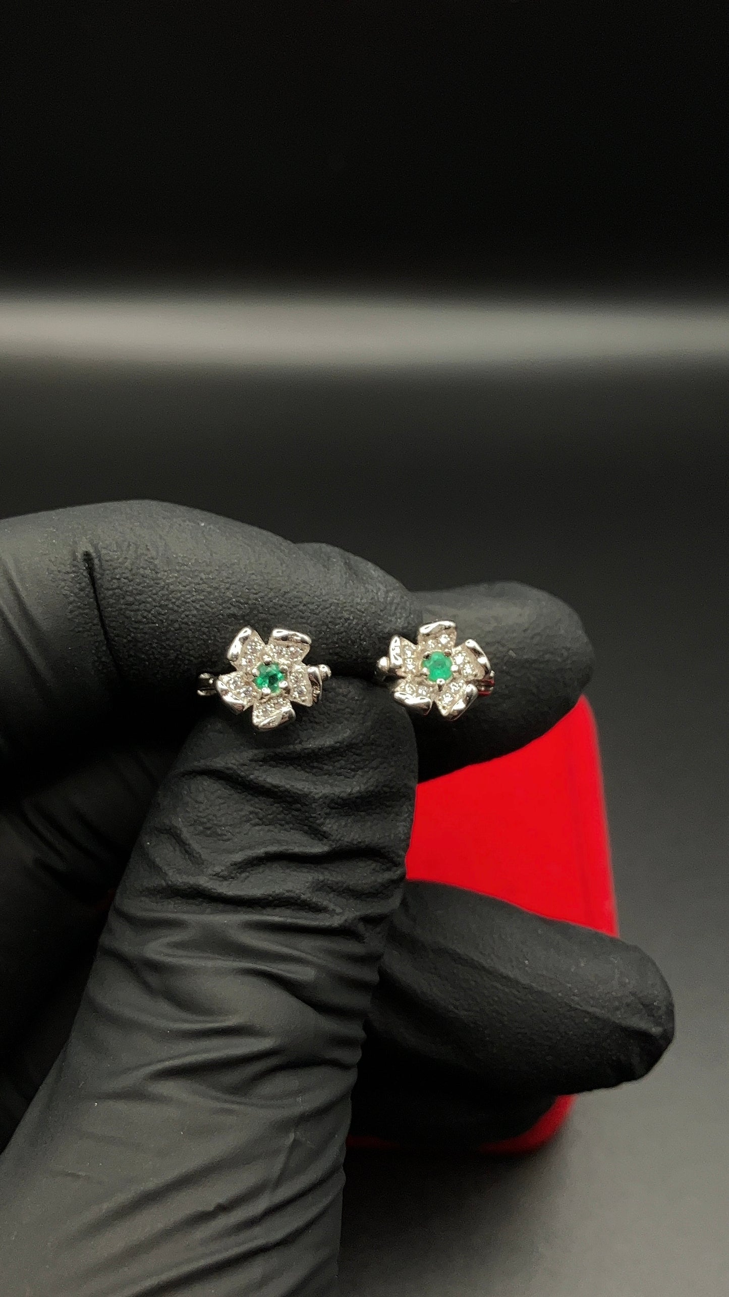 .925 Sterling Silver Flower Earrings CZ Accents Natural Colombian Emerald Center
