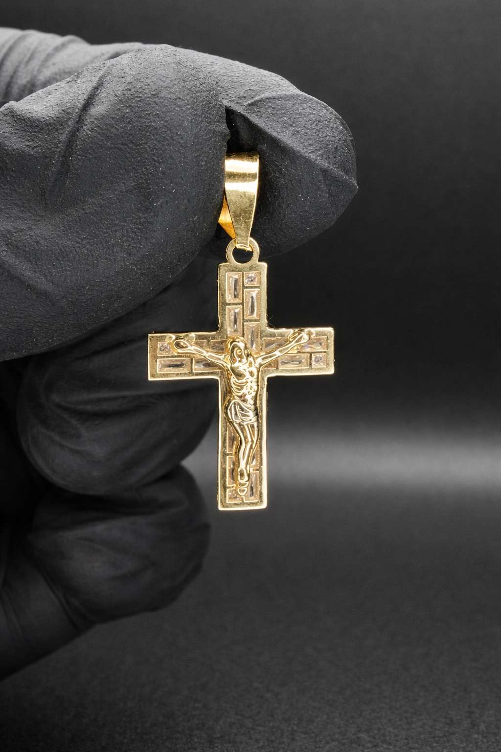 14 Karat Yellow Gold Crucifix Baguette 19 Clear CZ Pendant