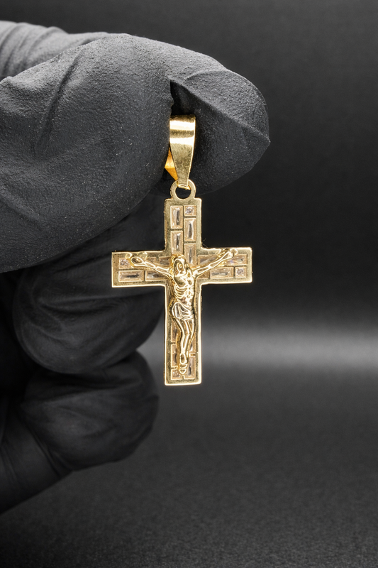 14 Karat Yellow Gold Crucifix Baguette 19 Clear CZ Pendant