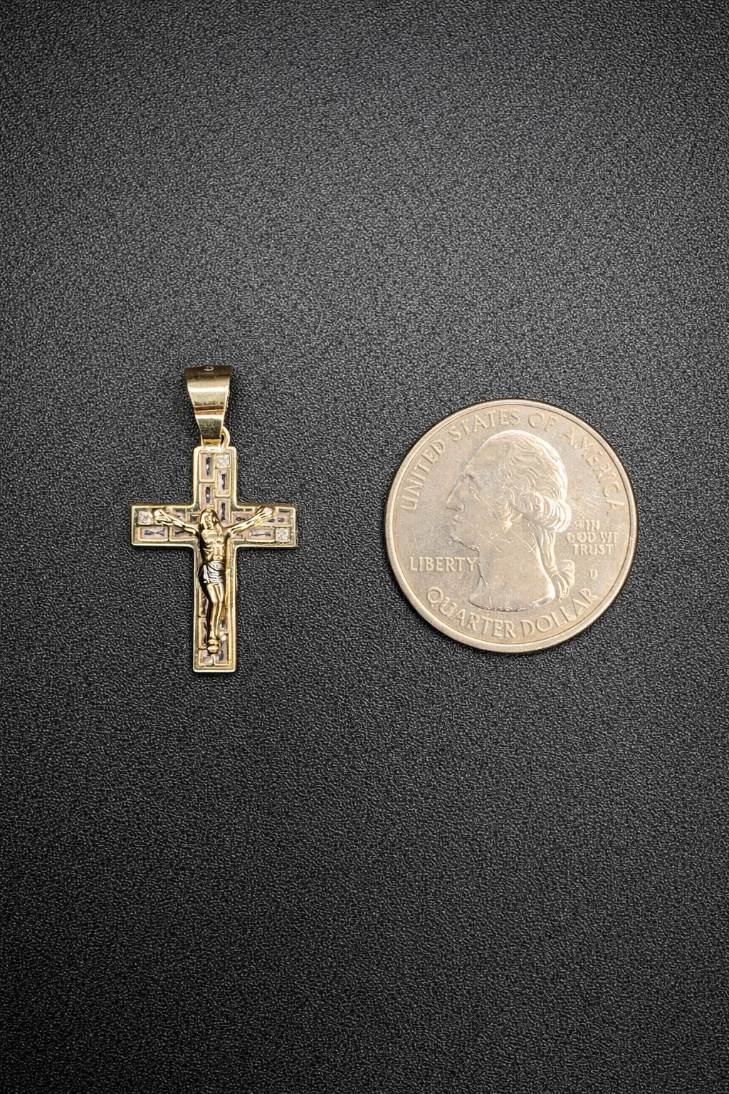 14 Karat Yellow Gold Crucifix Baguette 19 Clear CZ Pendant
