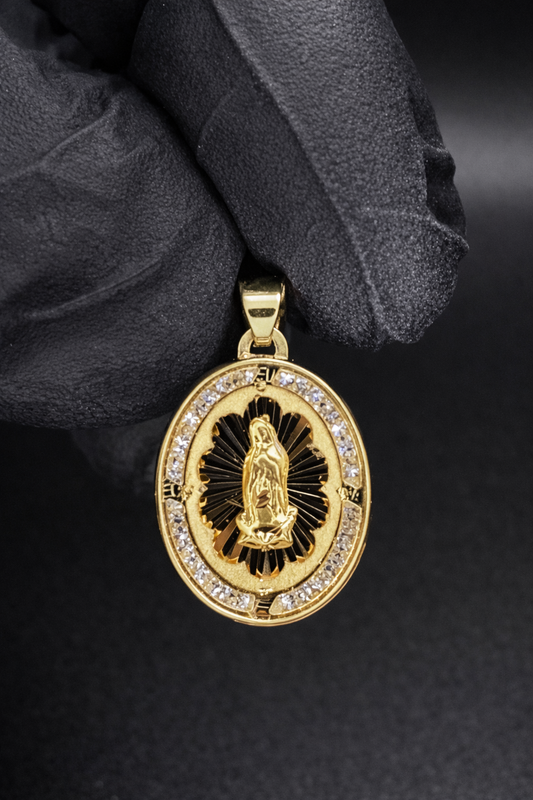 14 Karat Yellow Gold Oval Diamond Cut 20 Stone CZ Guadalupe Pendant