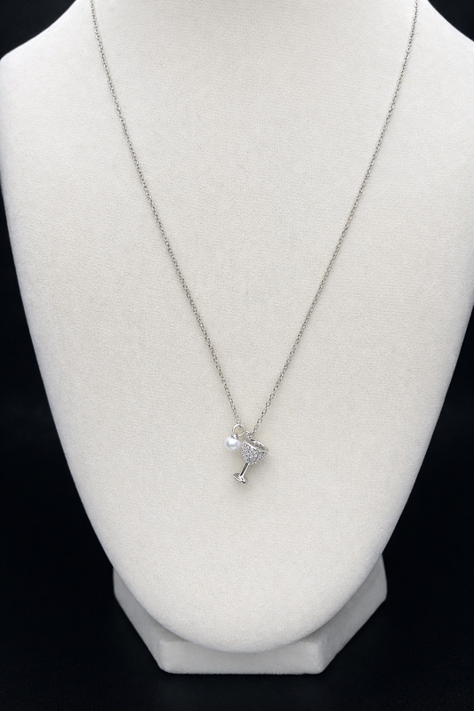 .925 Sterling Silver Rhodium Plated Wine Glass Pendant Necklace with CZ and Synthetic Pearl