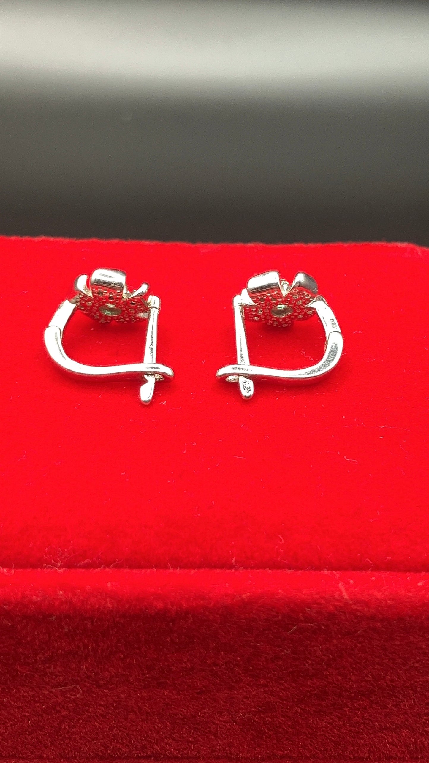 .925 Sterling Silver Flower Earrings CZ Accents Natural Colombian Emerald Center