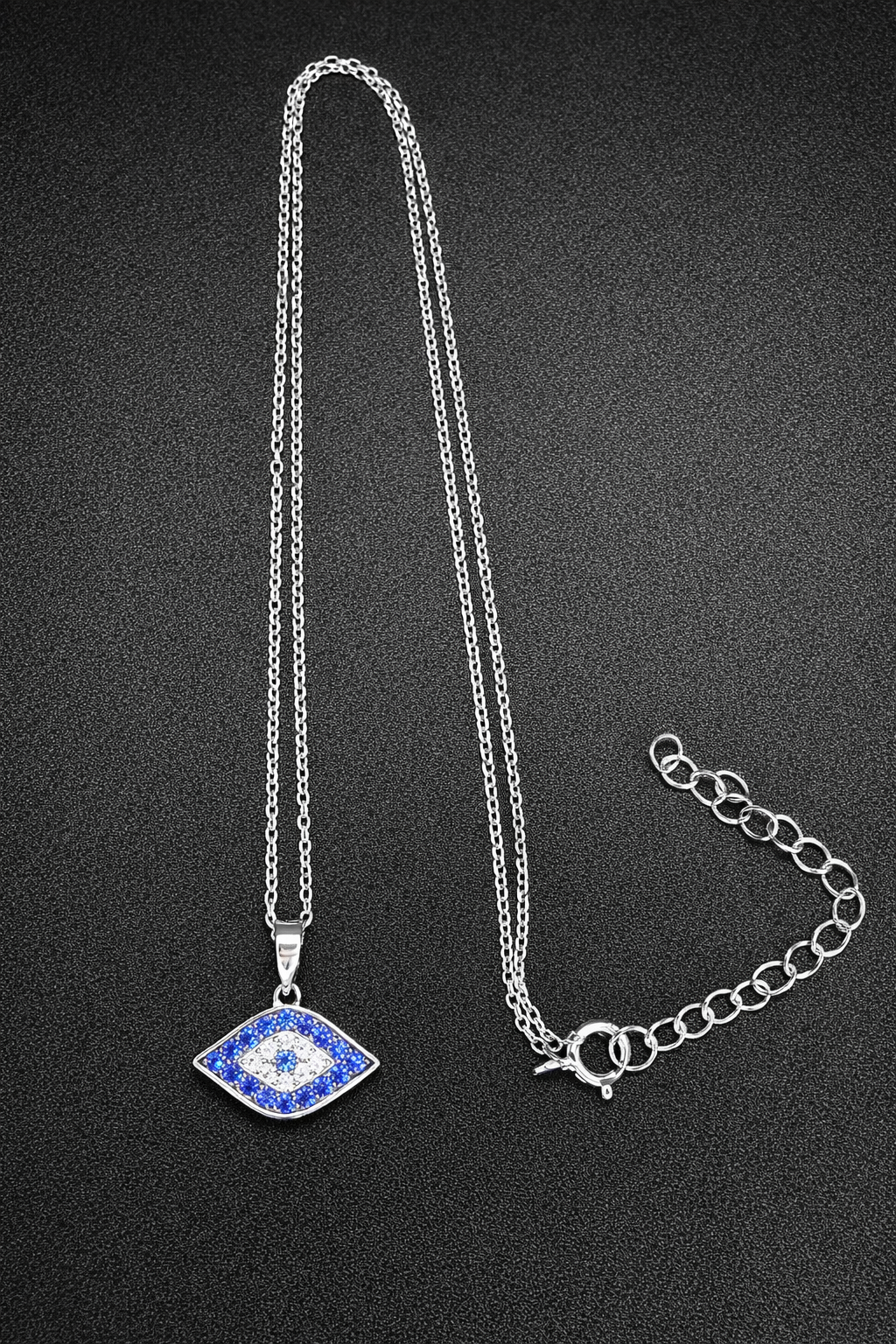 .925 Sterling Silver Evil Eye Necklace CZ Stones Multicolor Rhodium Plated