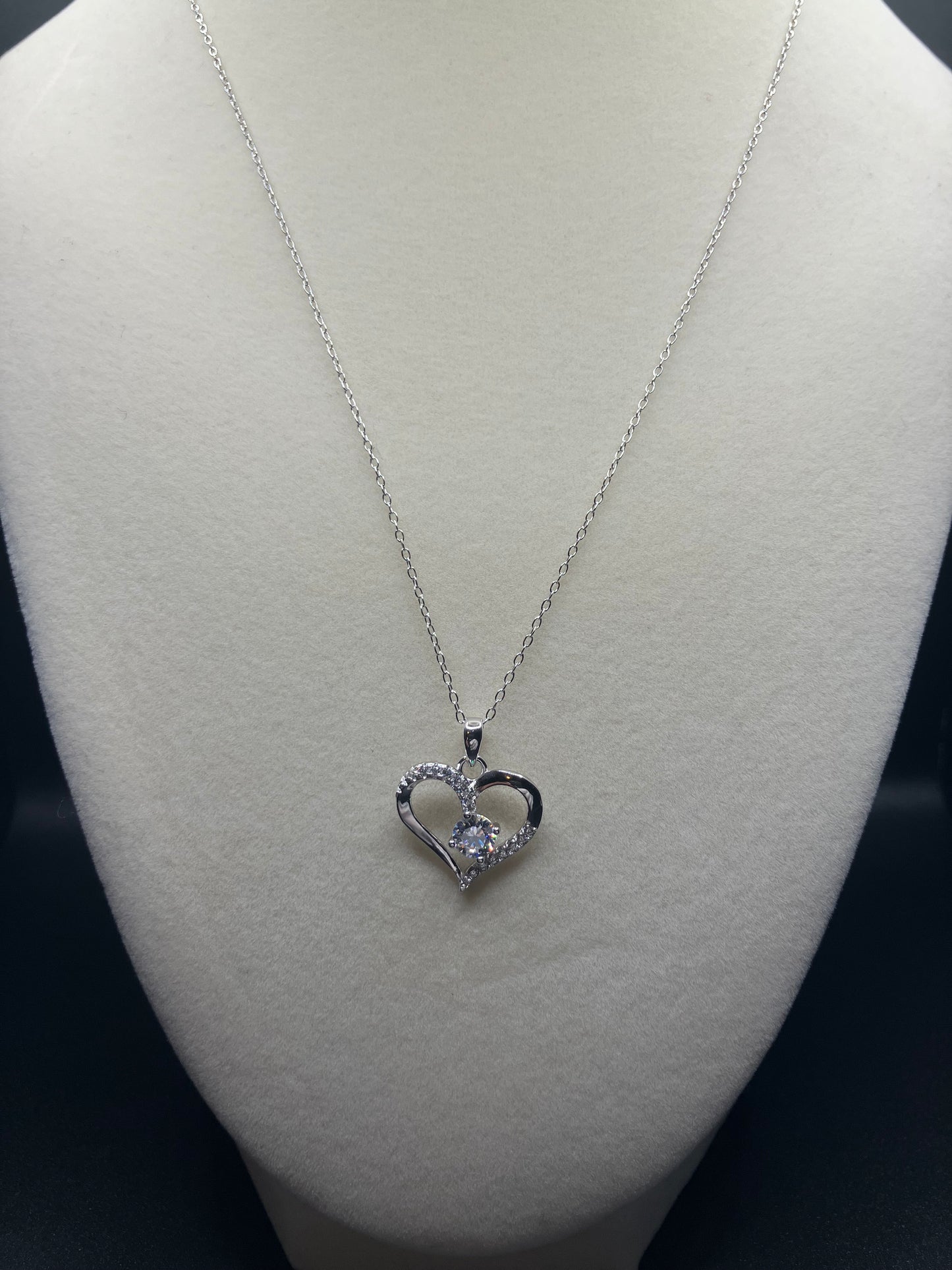 .925 Sterling Silver Open Heart Clear CZ Stone Necklace Rhodium Plated