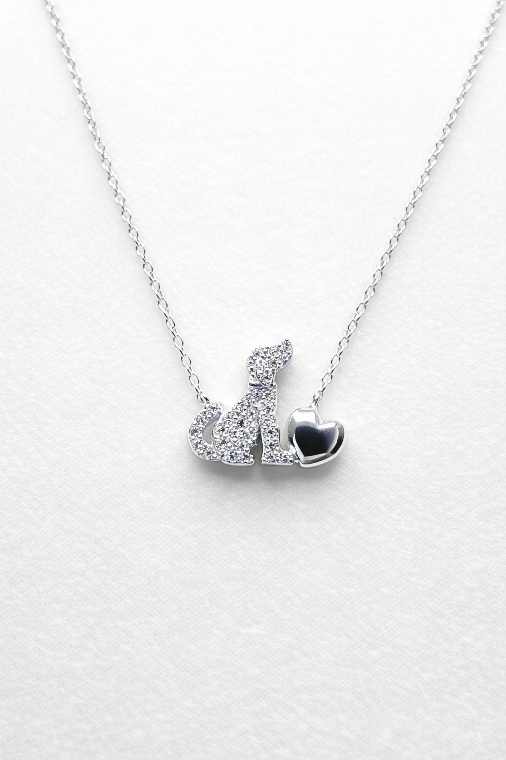 .925 Sterling Silver Dog Heart Necklace Clear CZ Stone Rhodium Plated
