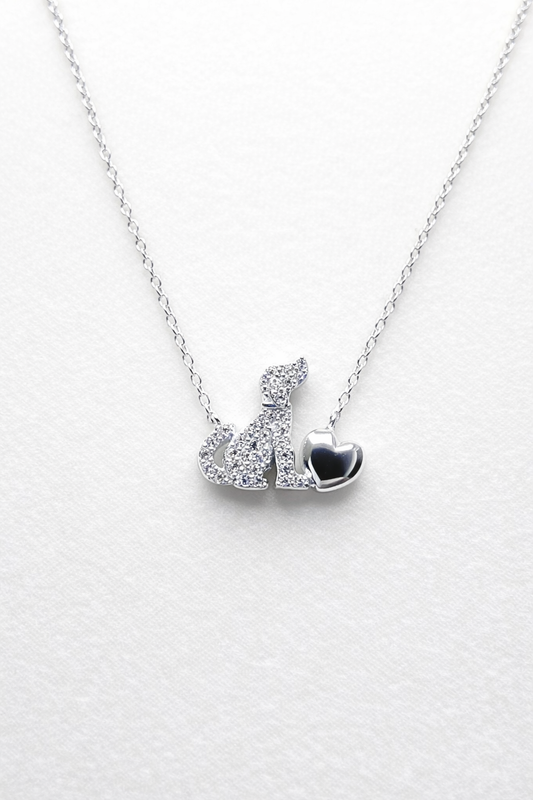 .925 Sterling Silver Dog Heart Necklace Clear CZ Stone Rhodium Plated