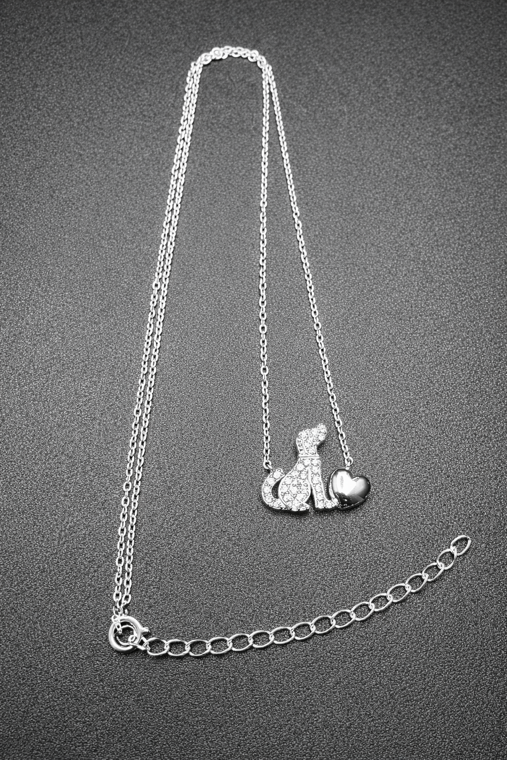 .925 Sterling Silver Dog Heart Necklace Clear CZ Stone Rhodium Plated