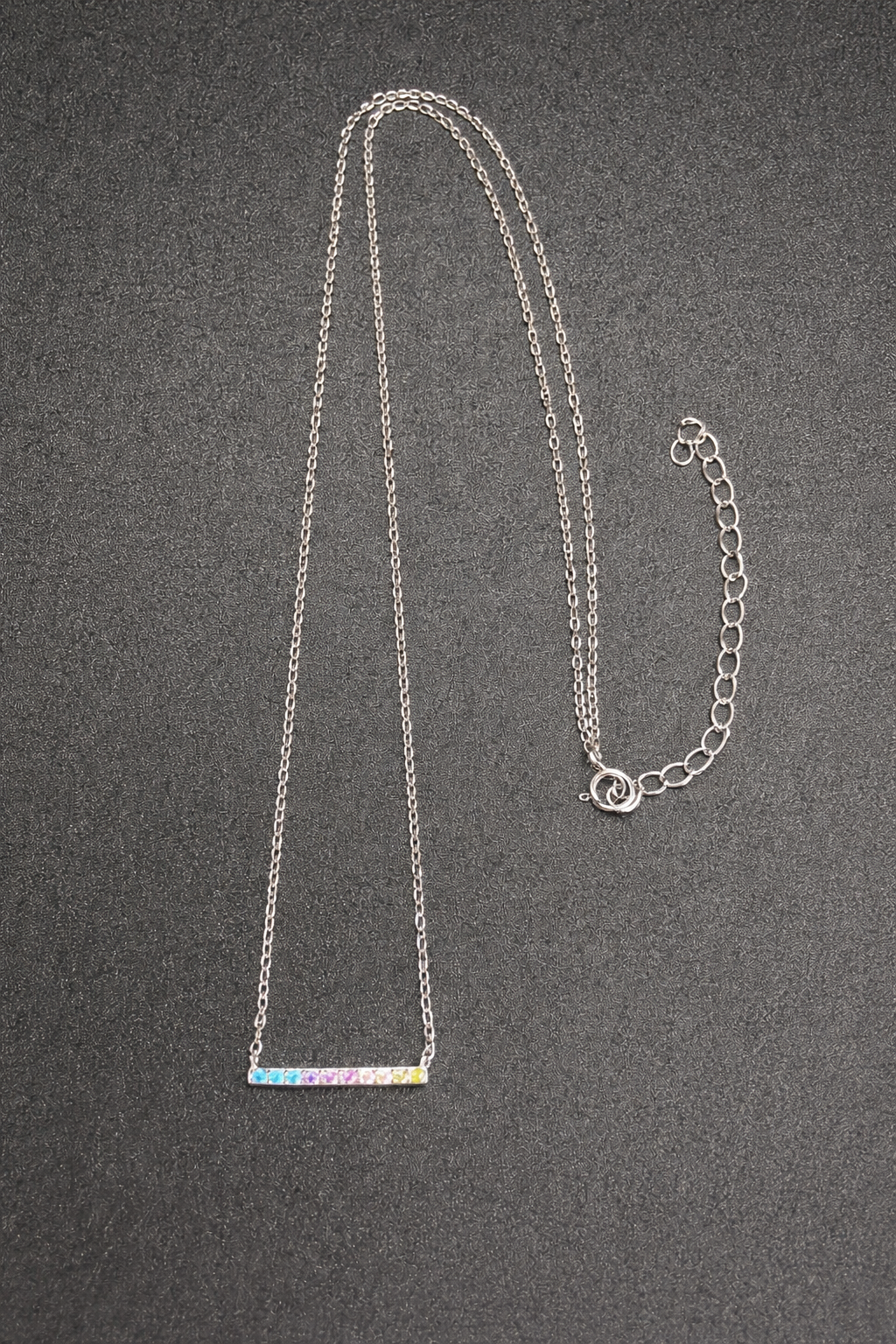 .925 Sterling Silver Rhodium Plated Rainbow Multi Color CZ Bar Necklace