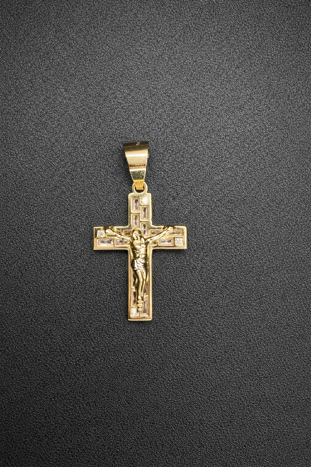 14 Karat Yellow Gold Crucifix Baguette 19 Clear CZ Pendant